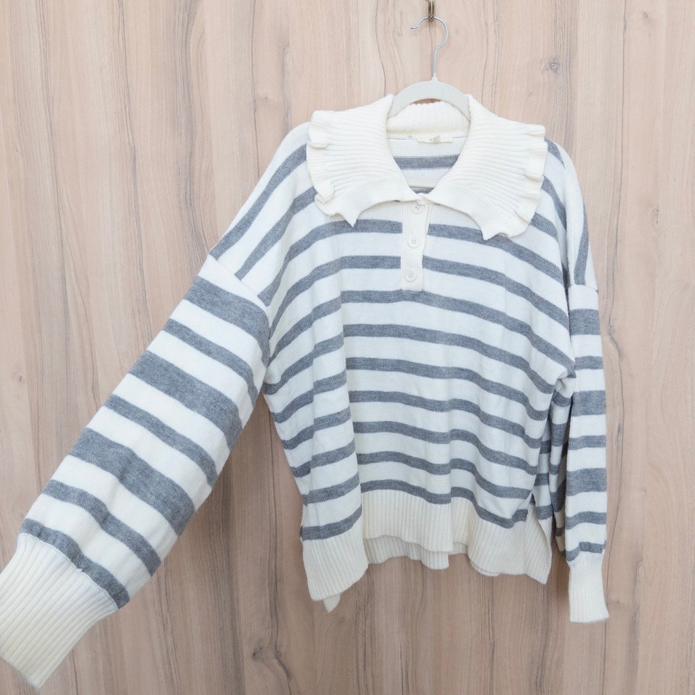 Easel Womens Striped Sweater L White Gray Ruffle Collar Henley Preppy Cottage - Picture 9 of 12